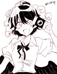 Rule 34 | 1girl, 6 (yuchae), camera, hat, monochrome, open mouth, pointy ears, shameimaru aya, short hair, sketch, skirt, smile, solo, tokin hat, touhou, wings