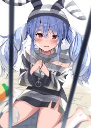 Rule 34 | animal ears, animal hat, barefoot, bars, blue hair, blurry, blurry foreground, blush, carrot, chain, collar, depth of field, don-chan (usada pekora), fake animal ears, hair between eyes, hands up, hat, highres, hololive, long hair, long sleeves, looking at viewer, metal collar, mizuki ryuu, multicolored hair, name tag, off-shoulder shirt, off shoulder, open mouth, prison clothes, rabbit-shaped pupils, rabbit ears, red eyes, shirt, short eyebrows, sitting, striped clothes, striped headwear, striped shirt, symbol-shaped pupils, thick eyebrows, twintails, two-tone hair, usada pekora, usada pekora (prisoner), very long hair, virtual youtuber, wariza, white hair, wide sleeves