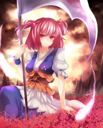 Rule 34 | 1girl, breasts, cloud, coin, female focus, flower, hair bobbles, hair ornament, highres, hitodama, looking at viewer, medium breasts, mountain, onozuka komachi, pink hair, red eyes, sash, scythe, short hair, short sleeves, skirt, smile, solo, spider lily, touhou, twintails, two side up, vinashyra, wrist cuffs
