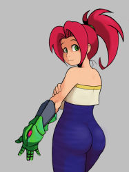 Rule 34 | 1girl, ass, bare shoulders, bodystocking, dogyd, flat chest, from behind, gauntlets, green eyes, legaia densetsu, light smile, looking at viewer, noa (legaia densetsu), ponytail, red hair, single gauntlet, skin tight, solo, source request, strapless, tube top