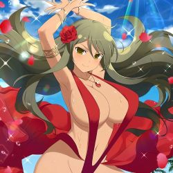 Rule 34 | 1girl, ageha (senran kagura), armlet, armpits, arms up, bare hips, bare legs, bare shoulders, cleavage cutout, bracelet, breasts, cameltoe, clothes lift, cocktail dress, dress, flower, hair flower, hair ornament, huge breasts, jewelry, long dress, long hair, looking at viewer, necklace, red dress, rose, senran kagura, sideboob, skirt, skirt lift, smile, thick thighs, thighs, underboob, wet, yellow eyes
