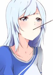 Rule 34 | 1girl, blue eyes, blue hair, blush, enelis, food, h, idolmaster, idolmaster million live!, idolmaster million live! theater days, lesson wear (idolmaster million live!), light blue hair, long hair, looking at viewer, mouth hold, pocky, pocky kiss, shared food, shiraishi tsumugi, simple background, solo, upper body, white background