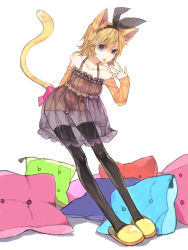 Rule 34 | 1girl, animal ears, bare shoulders, blonde hair, blue eyes, bow, cat ears, cat tail, chemise, dress, hair bow, hair ornament, hairclip, highres, kagamine rin, open mouth, panties, pantyshot, pillow, see-through, short dress, slippers, solo, sono, soono (rlagpfl), tail, thighhighs, underwear, vocaloid