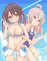 Rule 34 | ahoge, bare arms, bare legs, bare shoulders, bikini, black hair, blue bikini, blue bow, blue one-piece swimsuit, bow, breasts, brown eyes, cleavage, collarbone, commentary, grey hair, groin, hair between eyes, highres, large breasts, locked arms, long hair, looking at viewer, multicolored hair, name tag, navel, one-piece swimsuit, onii-chan wa oshimai!, oyama mahiro, oyama mihari, pink hair, purple hair, school swimsuit, siblings, sisters, small breasts, smile, stomach, swimsuit, thigh gap, twintails, two-tone hair, v, zokusei unei