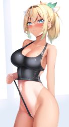 Rule 34 | 1girl, alternate breast size, black one-piece swimsuit, blonde hair, blue eyes, blush, breasts, cleavage, closed mouth, clothes pull, collarbone, competition swimsuit, crossed bangs, frontal wedgie, hair ornament, highres, hololive, kazama iroha, large breasts, leaf hair ornament, long hair, looking at viewer, navel, one-piece swimsuit, one-piece swimsuit pull, ponytail, pulling own clothes, simple background, solo, swimsuit, tan, tanline, tatsumiya kagari, virtual youtuber, wedgie