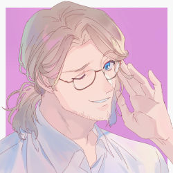 Rule 34 | 1boy, adjusting eyewear, axis powers hetalia, bespectacled, blonde hair, blue eyes, collared shirt, facial hair, france (hetalia), glasses, grin, looking at viewer, low ponytail, male focus, mature male, medium hair, one eye closed, ponytail, purple background, shirt, smile, stubble, two-tone background, vvvrsi3636, white background, white shirt