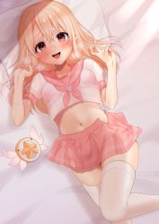 Rule 34 | 1girl, absurdres, astolfo (fate), astolfo (fate) (cosplay), astolfo (sailor paladin) (fate), bad id, bad pixiv id, bed sheet, blonde hair, blush, bra, breasts, cosplay, crop top, fate/grand order, fate/kaleid liner prisma illya, fate (series), hair between eyes, highres, illyasviel von einzbern, long hair, looking at viewer, lying, magical ruby, midriff, neckerchief, official alternate costume, on back, open mouth, pillow, pink bra, pink neckerchief, pink sailor collar, pink skirt, red eyes, sailor collar, school uniform, see-through, serafuku, shirt, short sleeves, sidelocks, skirt, small breasts, smile, takio (kani sama), thighhighs, thighs, underwear, white shirt, white thighhighs