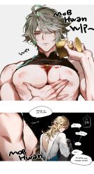 Rule 34 | 2boys, 2koma, alhaitham (genshin impact), artist name, blonde hair, blush, calendar (object), chalice, chest jewel, chocolate, chocolate on body, closed mouth, comic, cup, earrings, english text, food on body, genshin impact, green hair, grey hair, hair between eyes, highres, holding, holding cup, hwan (mob hwan), jewelry, kaveh (genshin impact), male focus, multicolored hair, multiple boys, nipples, pectorals, red eyes, simple background, valentine, yaoi
