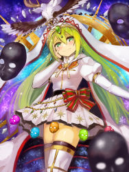 Rule 34 | 1girl, alina gray, blush, bow, breasts, cape, earrings, edobox, green eyes, green hair, hair between eyes, hair ornament, hand on own cheek, hand on own face, hand up, hat, holy alina, jewelry, long hair, long sleeves, looking at viewer, magia record: mahou shoujo madoka magica gaiden, mahou shoujo madoka magica, mask, puffy long sleeves, puffy sleeves, rainbow background, red bow, shirt, skirt, small breasts, smile, solo, standing, thighhighs, unworn mask, white cape, white hat, white shirt, white skirt, wings