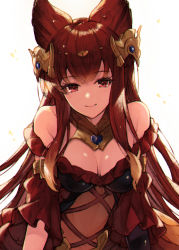 Rule 34 | 1girl, animal ears, anthuria, bad id, bad pixiv id, bare shoulders, black gloves, blush, breasts, cleavage, dress, elbow gloves, erune, gloves, granblue fantasy, hair ornament, highres, koretsuki azuma, large breasts, long hair, looking at viewer, red dress, red eyes, red hair, simple background, single elbow glove, single glove, smile, white background