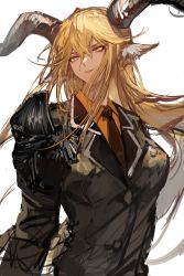 Rule 34 | 1girl, absurdres, animal ears, arknights, armor, black necktie, blonde hair, breasts, collared shirt, degenbrecher (arknights), goat ears, goat girl, goat horns, hair between eyes, highres, horns, large breasts, long hair, looking at viewer, military, military uniform, necktie, orange legwear, parted lips, shirt, shoulder armor, simple background, sketch, smile, solo, uniform, v-shaped eyebrows, very long hair, white background