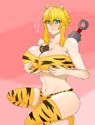 Rule 34 | animal print, artoria pendragon (fate), artoria pendragon (lancer) (fate), artoria pendragon (lancer alter) (fate), blonde hair, blush, breast hold, breasts, candy, chocolate, chocolate heart, cleavage, closed mouth, doshiroto, fate/grand order, fate (series), food, food between breasts, green eyes, heart, horns, kneeling, large breasts, looking at viewer, navel, pink background, pov, simple background, tiger print, user erye5782, valentine, weapon