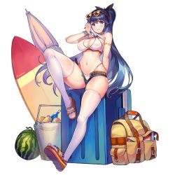 Rule 34 | 1girl, armlet, backpack, bag, bikini, blue eyes, blue hair, blush, breasts, bucket, can, cleavage, cooler, criss-cross halter, drink can, express 76, eyewear on head, food, fruit, full body, game cg, grin, hair between eyes, hair ribbon, halterneck, happy, heart, heart-shaped eyewear, highleg, highleg bikini, highres, ice, ice cube, last origin, leg up, looking at viewer, medium breasts, melon, micro shorts, mole, mole on thigh, navel, nipples, official art, open fly, paintale, ponytail, ribbon, sandals, see-through, short shorts, shorts, sitting, smile, soda can, solo, sunglasses, sunglasses on head, surfboard, sweat, swimsuit, tachi-e, thick thighs, thighhighs, thighs, thong, transparent background, watermelon, wet, white thighhighs