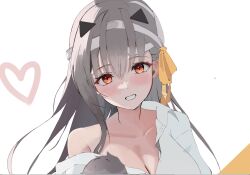 Rule 34 | 1girl, bandaged head, bandages, bare shoulders, blush, breasts, character doll, chiyuki7777, cleavage, collarbone, commander (nikke), goddess of victory: nikke, grey hair, grin, hair ribbon, heart, large breasts, long hair, looking at viewer, modernia (first affection) (nikke), modernia (nikke), off-shoulder shirt, off shoulder, official alternate costume, red eyes, ribbon, shirt, sidelocks, smile, solo, white shirt, yellow ribbon