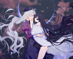 Rule 34 | 2girls, alternate color, ass, black hair, blue eyes, cloud, cloudy sky, constellation, eclipse, eye contact, floating hair, glowing, green hair, half-closed eyes, hands on another&#039;s face, hat, high collar, hime cut, houraisan kaguya, hug, japanese clothes, juliet sleeves, kimono, long hair, long skirt, long sleeves, looking at another, messy hair, multiple girls, nurse cap, off shoulder, puffy sleeves, red eyes, red shirt, shiny skin, shirt, skirt, sky, star (sky), tian (my dear), torso grab, touhou, very long hair, white kimono, wide sleeves, yagokoro eirin, yuri