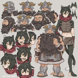 1boy 1girl :&lt; ^_^ animal_ears animal_feet armor beard black_eyes black_hair cat_ears cat_girl cat_tail closed_eyes closed_mouth dungeon_meshi facial_hair fake_horns hair_between_eyes hand_on_own_hip helmet highres horned_helmet horns izutsumi mame_moyashi multiple_views mustache open_mouth red_scarf scarf senshi_(dungeon_meshi) simple_background standing sweat tail twitter_username yellow_eyes