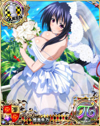 Rule 34 | 1girl, black hair, blush, bouquet, breasts, bridal veil, card (medium), character name, chess piece, cleavage, closed mouth, day, dress, flower, hair ribbon, high school dxd, high school dxd pi, himejima akeno, large breasts, long hair, looking at viewer, official art, ponytail, purple eyes, queen (chess), ribbon, smile, solo, trading card, veil, very long hair, wedding dress, yellow ribbon