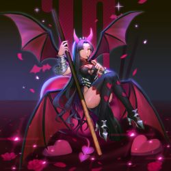 Rule 34 | 1girl, armlet, bad id, bad pixiv id, bat wings, black hair, breasts, brk, cleavage, clothing cutout, demon girl, eating, floating, flower, food, full body, heart, heart cutout, high heels, horns, legs, long hair, looking at viewer, nail polish, original, parted bangs, petals, pocky, rose, solo, thighhighs, wings, yellow eyes