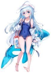 Rule 34 | 1girl, bag, barefoot, blue eyes, blush, breasts, covered navel, flat cap, food, full body, hammer and sickle, hat, hibiki (kancolle), highres, holding, inflatable dolphin, inflatable toy, kantai collection, long hair, motohara moka, off shoulder, one-piece swimsuit, open mouth, popsicle, silver hair, small breasts, solo, swimsuit, verniy (kancolle), white background, white hat