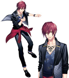 Rule 34 | 10s, 1boy, arms at sides, character sheet, chest tattoo, clothes around waist, dynamic chord, fujiwara ryo, full body, honeybee (otome), jacket, jacket around waist, kisaka yorito, male focus, multiple views, official art, simple background, smile, standing, tattoo, v-neck, white background