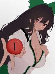 Rule 34 | 1girl, absurdres, black hair, bow, breasts, cleavage, closed mouth, commentary request, green bow, grey background, hair bow, hair intakes, highres, large breasts, long hair, looking at viewer, moriforest1040, red eyes, reiuji utsuho, shirt, simple background, solo, third eye, touhou, upper body, white shirt