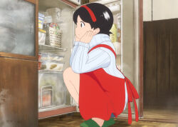 Rule 34 | 1girl, apron, black hair, cupboard, female focus, hand on own face, indoors, long sleeve shirt, long sleeves, maiko-san chi no makanai-san, nozuki kiyo, plate, red apron, refrigerator, slippers, solo, squatting, stitched, sweater, third-party edit, turtleneck, turtleneck sweater