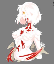 Rule 34 | 1girl, blood, blood on body, blood on mouth, breasts, chimera, commentary, dungeon meshi, english commentary, falin touden, falin touden (chimera), feathers, grey background, hair over one eye, monster girl, signature, simple background, solo, spoilers, stripykleo, topless, white feathers, white hair, yellow eyes