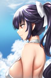 Rule 34 | 1girl, absurdres, azur lane, bad id, bad pixiv id, black hair, bow, breasts, brown eyes, casual one-piece swimsuit, cloud, criss-cross halter, dvdraw, hair bow, hair ornament, halterneck, highres, large breasts, long hair, one-piece swimsuit, outdoors, ponytail, profile, sideboob, solo, swimsuit, takao (azur lane), takao (beach rhapsody) (azur lane), white bow, white one-piece swimsuit