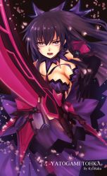 Rule 34 | 1girl, artist name, black gloves, breasts, character name, cleavage, cleavage cutout, clothing cutout, date a live, dress, elbow gloves, gloves, hair ribbon, holding, holding sword, holding weapon, kyoraku (weng3133), long hair, looking at viewer, medium breasts, open mouth, petals, purple dress, purple eyes, purple hair, ribbon, solo, sword, weapon, yatogami tooka, yatogami tooka (true form)