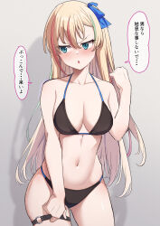 Rule 34 | 1girl, absurdres, bikini, black bikini, blonde hair, blue ribbon, blush, breasts, cleavage, commentary request, facing viewer, green eyes, hair ribbon, highres, japanese text, karaage bou, leaning forward, long hair, medium breasts, multicolored hair, nose blush, open mouth, original, red hair, ribbon, shiny skin, sideways glance, solo, streaked hair, swimsuit, teeth, thigh strap, translation request, upper teeth only
