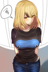 Rule 34 | 1girl, arms behind back, bad id, bad pixiv id, black shirt, blonde hair, blush, breasts, closed mouth, collarbone, commentary request, cowboy shot, denim, eyes visible through hair, highres, impossible clothes, impossible shirt, jeans, komainu (yamaha1997), large breasts, original, pants, print shirt, shirt, short hair, short sleeves, solo, speech bubble, spoken squiggle, squiggle, t-shirt, v-shaped eyebrows, yellow eyes