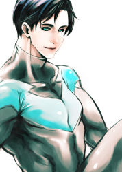 Rule 34 | 1boy, batman (series), black hair, blue eyes, bodysuit, dc comics, dick grayson, looking at viewer, male focus, nightwing, simple background, sitting, smile, solo, tachibana (ghosts 0119), white background