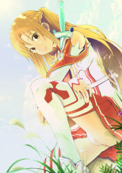 Rule 34 | 1girl, absurdres, armor, ass, asuna (sao), blue sky, braid, breastplate, brown eyes, brown hair, closed mouth, cloud, day, detached sleeves, dutch angle, fan che yu hakase, french braid, highres, knee up, knights of blood uniform (sao), lambent light, light smile, long hair, looking at viewer, mixed-language commentary, outdoors, panties, pantyshot, pleated skirt, rapier, red skirt, sheath, sheathed, shirt, short ponytail, sitting, skirt, sky, sleeveless, sleeveless shirt, solo, sun, sunlight, sword, sword art online, thighhighs, underwear, weapon, white panties, white sleeves, white thighhighs