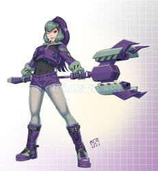 Rule 34 | 1girl, black shirt, boots, breasts, covered navel, decepticon, genderswap, genderswap (mtf), gloves, grey gloves, grey hair, grey lips, grey pantyhose, holding, holding weapon, hood, hooded jacket, jacket, long hair, looking at viewer, lugnut (transformers), medium breasts, multicolored hair, one eye closed, pandacron, pantyhose, personification, ponytail, purple footwear, purple hair, purple jacket, purple shirt, red eyes, shirt, shirt tucked in, solo, transformers, transformers animated, two-tone hair, weapon