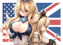 Rule 34 | 10s, 2girls, american flag, bare shoulders, blonde hair, blue eyes, braid, breasts, cleavage, detached sleeves, dress, french braid, front-tie top, green eyes, hachachi, hair between eyes, height difference, highres, iowa (kancolle), kantai collection, large breasts, light smile, lips, long hair, looking at viewer, multiple girls, off-shoulder dress, off shoulder, profile, short hair, smile, split theme, star-shaped pupils, star (symbol), symbol-shaped pupils, union jack, warspite (kancolle), white dress