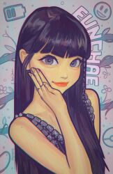 Rule 34 | 1girl, absurdres, april jubilees, artist name, battery indicator, black dress, character name, creatures (company), dress, flower, game freak, grey eyes, hair behind ear, hand on own cheek, hand on own face, highres, hong eun-chae, jewelry, k-pop, le sserafim, looking at viewer, multiple rings, nintendo, pink nails, poke ball symbol, pokemon, portrait, real life, ring, smile, solo
