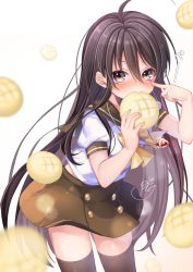 Rule 34 | 1girl, absurdres, ahoge, akanbe, black thighhighs, blush, bow, bread, brown background, brown eyes, brown hair, brown sailor collar, brown skirt, commentary request, eating, eyelid pull, food, gradient background, hair between eyes, highres, holding, holding food, jewelry, long hair, melon bread, pendant, pk (mukasihasakana), puffy short sleeves, puffy sleeves, sailor collar, school uniform, serafuku, shakugan no shana, shana, shirt, short sleeves, signature, skirt, solo, thighhighs, tongue, tongue out, v-shaped eyebrows, very long hair, white background, white shirt, yellow bow