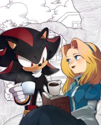 Rule 34 | 1girl, bad id, bad pixiv id, blonde hair, blue eyes, blush, book, cloud, cup, eye contact, furry, furry female, hairband, long hair, looking at another, maria robotnik, mug, naoko (juvenile), outdoors, partially colored, red eyes, shadow the hedgehog, sky, smile, sonic (series), teacup, tree