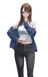 Rule 34 | 1girl, black pants, blue eyes, blue jacket, brown hair, commentary request, glasses, grin, hand on own hip, highres, jacket, jacket partially removed, long hair, long sleeves, looking at viewer, midriff, navel, original, pants, semi-rimless eyewear, shirt, short sleeves, simple background, smile, solo, standing, t-shirt, under-rim eyewear, white background, white shirt, yukimaru ai