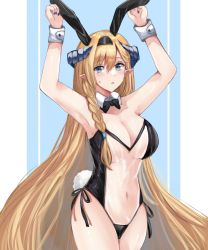 Rule 34 | 1girl, animal ears, arknights, armpits, arms up, bare arms, bare shoulders, black bow, black bowtie, black hairband, blonde hair, blue eyes, blue nails, blue sealad, blush, bow, bowtie, braid, breasts, cleavage, collarbone, commentary request, covered navel, cowboy shot, detached collar, fake animal ears, fake tail, hair between eyes, hair over shoulder, hairband, highres, horns, large breasts, leotard, long hair, looking at viewer, meme attire, nail polish, parted lips, playboy bunny, pointy ears, rabbit ears, rabbit tail, saileach (arknights), see-through, single braid, solo, standing, strapless, strapless leotard, tail, thighs, translucent bunnysuit, very long hair, wrist cuffs