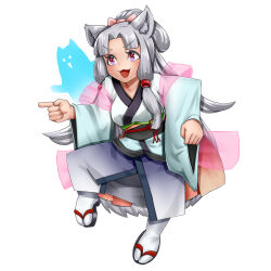 Rule 34 | 1girl, :3, animal ears, beads, blush, breasts, clenched hand, commentary request, curtained hair, daozoh daizoh, flower knot, fox ears, full body, genba neko (meme), ghost, grey hair, hagoromo, hair beads, hair ornament, high ponytail, japanese clothes, kimono, large breasts, layered clothes, layered kimono, long hair, long sleeves, meme, nhk (voiceroid), obi, obijime, okobo, open mouth, pointing, red eyes, sandals, sash, shawl, short kimono, sidelocks, simple background, smile, solo, standing, standing on one leg, tabi, touhoku itako, v-shaped eyebrows, very long hair, voiceroid, white background