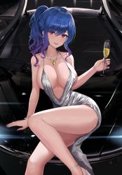Rule 34 | 1girl, absurdres, azur lane, backless dress, backless outfit, bare shoulders, blue hair, blue nails, bracelet, breasts, car, car interior, champagne flute, cleavage, cup, dress, drinking glass, earrings, evening gown, grey dress, hair between eyes, hair ornament, hairclip, halter dress, halterneck, high heels, highres, holding, holding cup, jewelry, large breasts, motor vehicle, nail polish, necklace, pink eyes, plunging neckline, revealing clothes, side ponytail, sidelocks, silver dress, silver footwear, st. louis (azur lane), st. louis (luxurious wheels) (azur lane), thighs, tio (005)