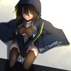 Rule 34 | 1girl, ahoge, azur lane, bad id, bad pixiv id, baltimore (azur lane), between legs, black thighhighs, blue coat, braid, breasts, brown hair, center opening, character name, clothing cutout, coat, commentary, cowboy shot, french braid, from above, gloves, hair between eyes, hand between legs, highres, hood, hood up, hooded coat, large breasts, long sleeves, looking at viewer, multicolored coat, navel cutout, nmz (namazu), pelvic curtain, shadow, short hair, sidelocks, signature, sitting, smile, solo, taut clothes, thighhighs, underboob, underboob cutout, visor (armor), white gloves, yellow eyes