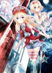 Rule 34 | 2girls, alice margatroid, alternate costume, ascot, belt, blonde hair, blue eyes, braid, chiruru96, contemporary, eyewear on head, full moon, hairband, hat, highres, holding another&#039;s wrist, kirisame marisa, lolita hairband, looking at viewer, moon, multiple girls, open clothes, open vest, shirt, short shorts, shorts, single braid, sky, sleeveless, sleeveless shirt, smile, star (symbol), striped clothes, striped legwear, striped thighhighs, thighhighs, touhou, vest