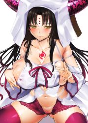 Rule 34 | 10s, 1girl, bare shoulders, black hair, breasts, facial mark, fate/extra, fate/extra ccc, fate (series), forehead mark, highres, horns, large breasts, long hair, no panties, saliva, sessyoin kiara, solo, sweat, thighhighs, tomohiro kai, yellow eyes