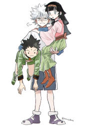 Rule 34 | alluka zoldyck, bad id, bad pixiv id, black hair, brother and sister, brothers, carrying, carrying person, carrying under arm, dress, gon freecss, highres, hunter x hunter, killua zoldyck, long hair, long sleeves, short hair, shorts, siblings, spiked hair, torohiko, white background, white hair