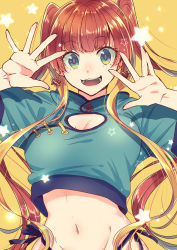 Rule 34 | 1girl, absurdres, aqua shirt, blonde hair, blue eyes, cleavage cutout, clothing cutout, commentary request, crop top, earrings, green eyes, groin, hands up, highres, jewelry, long hair, midriff, multicolored eyes, multicolored hair, navel, open mouth, original, raito (latek), red hair, shirt, simple background, smile, solo, star (symbol), teeth, twintails, two-tone hair, upper body, yellow background