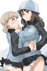 Rule 34 | 10s, 2girls, aki (girls und panzer), ass, asymmetrical docking, back-print panties, blue hat, blue jacket, blue panties, blue skirt, blush, breast press, breasts, brown eyes, brown hair, clothes lift, commentary, emblem, from side, girls und panzer, green eyes, hair tie, hand on another&#039;s chin, hat, highres, holding hands, hotate-chan, interlocked fingers, jacket, keizoku military uniform, large breasts, light brown hair, long hair, long sleeves, looking at another, mika (girls und panzer), military, military uniform, miniskirt, moomin, moomintroll, multiple girls, name connection, panties, parted lips, pleated skirt, print panties, raglan sleeves, short hair, short twintails, simple background, skirt, skirt lift, smirk, striped clothes, striped panties, sweatdrop, track jacket, twintails, underwear, uniform, white background, white panties, wind, wind lift, zipper