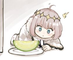 Rule 34 | 1boy, ahoge, blonde hair, blue eyes, boots, chibi, coat, commentary request, crown, curious, diamond (shape), diamond crown, diamond hairband, dot nose, fate/grand order, fate (series), food, fruit, fur-trimmed coat, fur trim, hairband, highres, light blush, lime (fruit), lime slice, male focus, medium hair, oberon (fate), parted lips, plate, sausu hitori, solo, tagme, white coat, white footwear, yellow hairband, yellow headwear