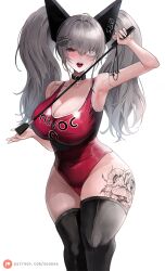 Rule 34 | 1girl, black thighhighs, blush, breasts, collar, curvy, eyepatch, grey hair, hair ornament, hairclip, havoc-chan, highres, holding, holding riding crop, large breasts, leg tattoo, leotard, looking at viewer, open mouth, original, red eyes, red leotard, riding crop, solo, suou-sensei, tattoo, thick thighs, thighhighs, thighs, twintails, white background, wide hips